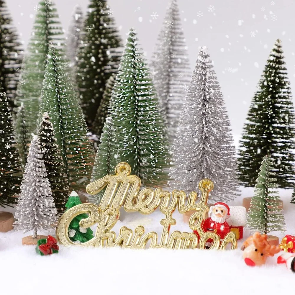 30Pcs Mini Christmas Sisal Snow Trees with Wooden Base